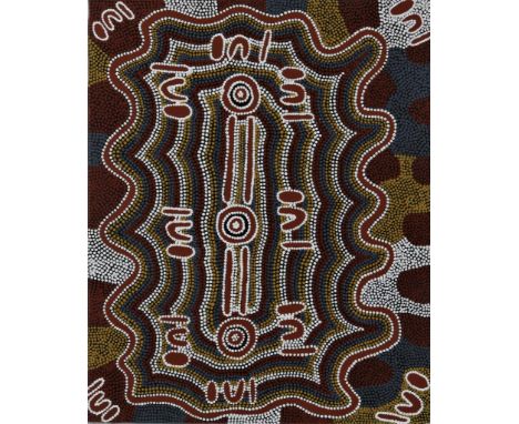 Unknown, Jukurrpa, Aboriginal Art, canvas 73 x 60 cm.Onbekend, Jukurrpa schilderij, Aboriginal kunst, doek 73 x 60 cm.