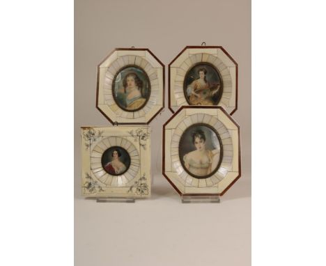 a lot of 4 of portrait miniatures of a lady on ivory in ivory and  tortoiseshell frame, signed v. Hall, Germany ca. 1900.  Th