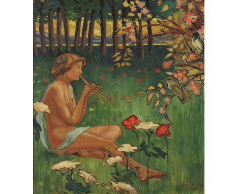 Meulder, J.H. de, signed, nymph playing flute, canvas 68 x 60 cm.MEULDER, J.H. DE, ges. en gedat. 1922 r.o., fluitspelende bo