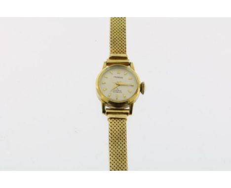 Yellow gold lady's wristwatch, manual winding, Prisma, yellow  gold bracelet, 585/000, gross w. 24.8 gr., diam. case 16 mm,  
