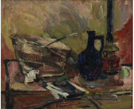 Boomkens, W.K., not signed, stillife with basket and pitcher, board 50 x 60 cm.BOOMKENS, WILLEM KOUWER (1911-1991), zonder si