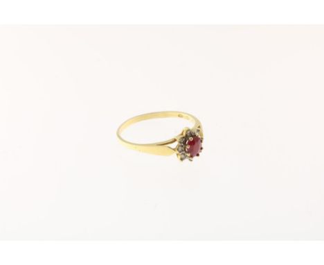 Yellow gold cluster ring, set with oval facetted ruby and single  cut diamonds, 585/000, gross w. 1.8 gr., seize 18.Geelgoude