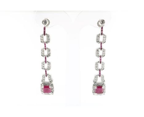 White gold earings in Art Deco style, set with facetted rubies  and single cut diamonds, 585/000, gross w. 9.6 gr., length ca