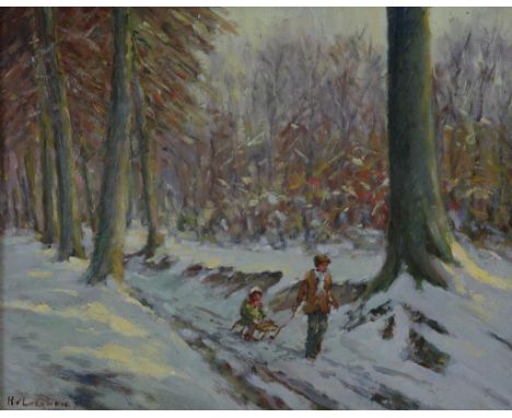 LEEUWEN, HENK VAN (1890-1972), signed l.l, father pulls daughter  on sled through snowy forest, board 32 x 40 cm.LEEUWEN, HEN