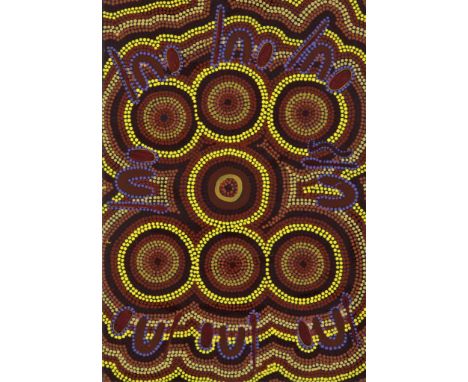 Unknown, Jukurrpa, Aboriginal Art, canvas 58 x 40 cm.Onbekend, Jukurrpa schilderij, Aboriginal kunst, doek 58 x 40 cm.
