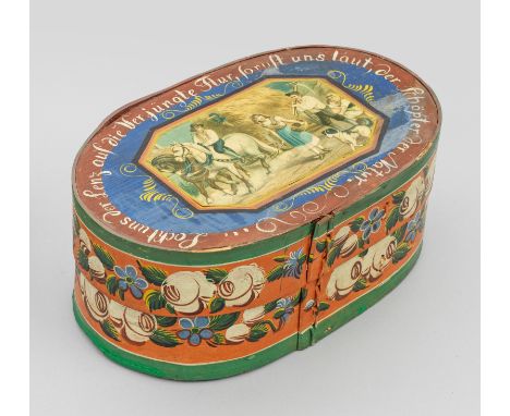 Spanschachtel mit ErnteszeneWeichholz. Ovaler Korpus. Polychrome Malerei. Deckelreserve mit achteckiger Farbgrafik einer Ernt