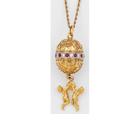 Rubin-Diamantanhänger mit KetteGelbgold, gest. 750. Eiförmiger Anhänger mit Granulatdekor umlaufend besetzt mit taubenblutrot