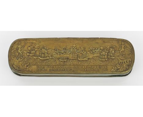 Iserlohner TabakdoseMessing und Kupfer, geprägter Reliefdekor. Auf dem scharnierten Deckel dargestellt und bez. die Eroberung