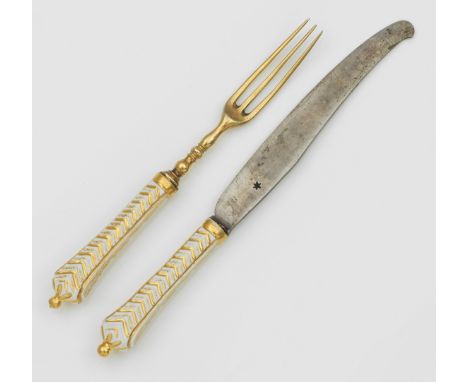 Barock-ZierbesteckSilber, vergoldet, Porzellan und Stahl. 2-tlg.; Speisemesser und -gabel. Balusterförmiger, strukturierter, 