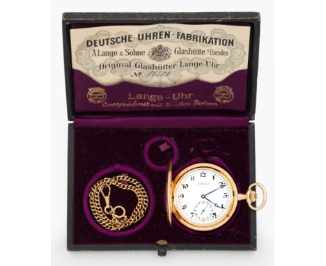 Taschenuhr der Deutschen Uhrenfabrikation Glashütte (DUF)Lange &amp; Söhne, 1923. Gelbgold, gest. 585. Glattes Savonette-Gehä