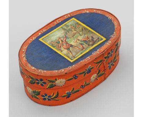 Spanschachtel mit spielenden KindernWeichholz. Ovaler Korpus. Polychrome Malerei. Deckelreserve mit Farbgrafik von spielenden