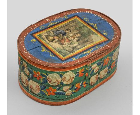 Spanschachtel mit hasenfütternden KindernWeichholz. Ovaler Korpus. Polychrome Malerei. Deckelreserve mit kolorierter Grafik v