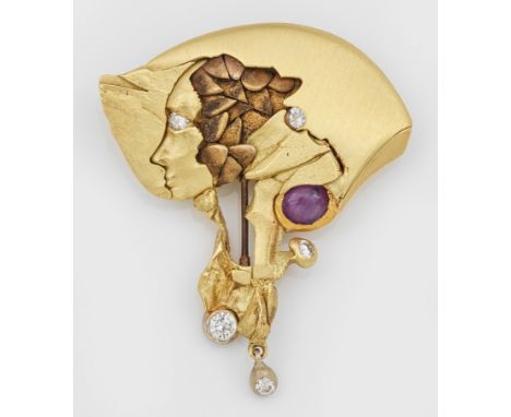 Moderner Brillant-Anhänger mit SternrubinGelbgold, gest. 750. Amorpher, teils in Ajour gearbeiteter Anhänger mit Profildarste