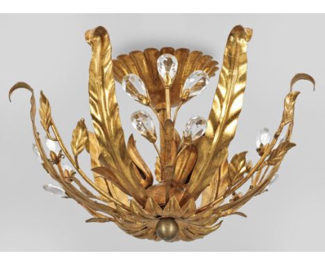 Kleine Deckenlampe in der Art von Maison BaguèsMetall, goldfarben lackiert und farbloses Glas. Offen gestalteter Korpus aus g