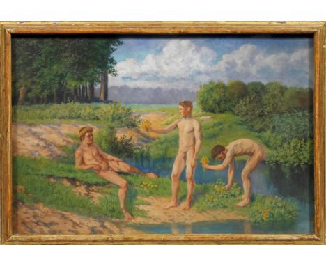 Deutscher oder österreichischer Maler des Jugendstils(Tätig um 1900)Drei JünglingeUnter duftig bewölktem Himmel, in sommerlic