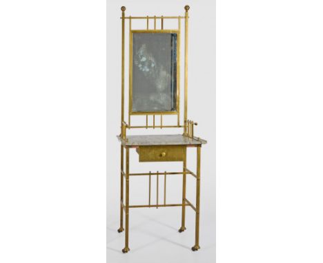 Jugendstil-FrisiertischMessing und grau gemaserter Marmor. Offen gestaltetes Gestell aus schlanken Vierkantstreben auf Rollen