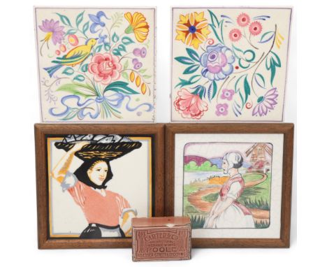 Four Carter/ Poole Pottery tiles, 2 1930s' pictorial tiles both framed to hang, 2 1950s' traditional tiles and a Carter & Co 