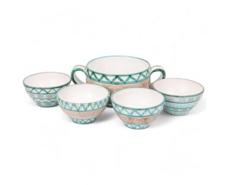 ROBERT PICAULT (1919-2000), Vallauris, France, a large twin handled studio ceramic earthenware bowl and 4 smaller bowls, sign