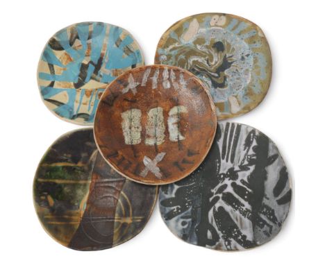 JANE ABBOTT , a set of 5 slab ceramic plates, glaze notes to back, largest diameter 17cmGood condition 