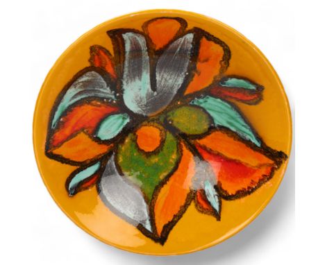 Poole Pottery, a Delphis centre bowl, shape 40, painted by ANGELA  WYBURGH c.1968, makers mark to base, diameter 34cmGood con