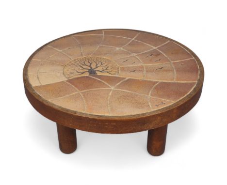 BARROIS, Valllauris, France, a 1960s'/70s' round tile-top coffee table, with stained beech plywood frame, signed tile, diamet