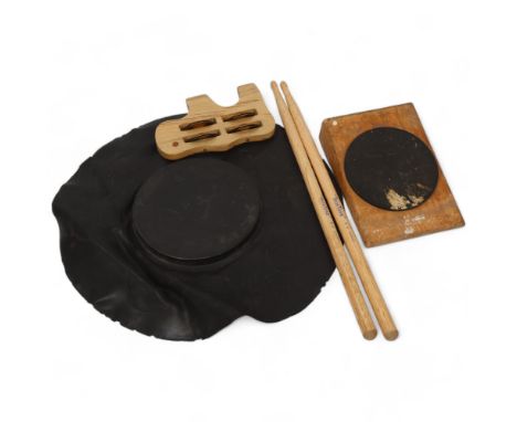 Two Practice DRUM PADS, two USED 'TRUETONE' DRUM STICKS and an ELEPHANT TAMBOURINE owned by MITCH MITCHELL of the JIMI HENDRI