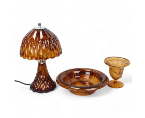 A GEORGE DAVIDSON cloud glass Good Companion lamp together with cloud glass bowl and vase, lamp height 36cmGood condition, no