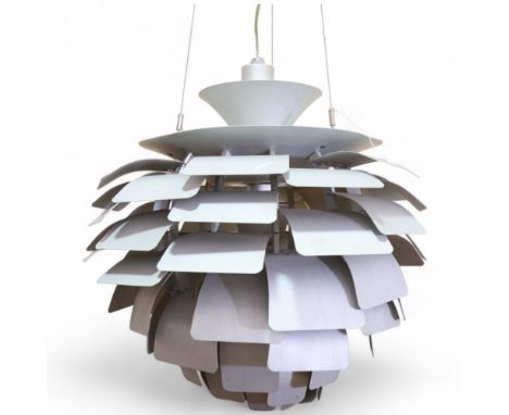A POUL HENNINGSEN design late 20th century PH Artichoke ceiling lamp in brushed aluminium with supporting steel cables, shade