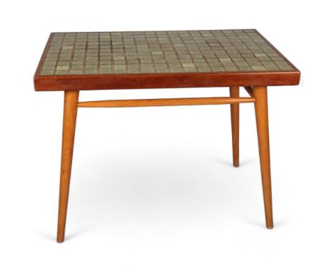 A 1950's Italian style teak tile-top kitchen or dining table, on beech frame, height 76cm, top 100 x 64cmGrout has perished b