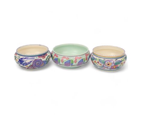 Three Poole Pottery Traditional ware bowls, all stamped Poole, England and with pattern and decorators marks, largest diamete