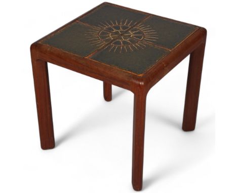 A mid 20th century teak and tile-top side table, height 44.5cm, top 44.5cm SqGrout has perished between tiles, water stains t