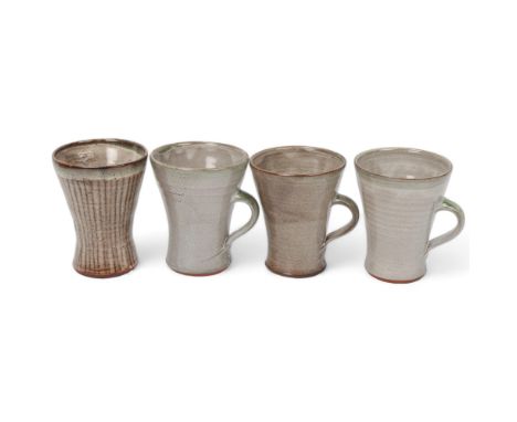 DAVID LEACH (1911-2005), 3 green/grey glazed mugs and a sgraffito decorated beaker, all with makers marks, height 11cmAll in 