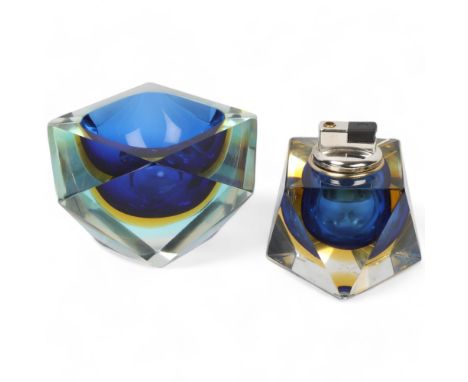 Mandruzzato, Murano, a Deep Sea blue sommerso glass table lighter, with matching ashtray, both with labels, lighter acid etch