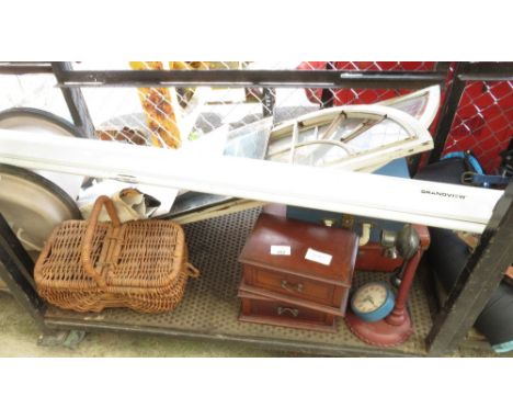 SHELF TO INCLUDE WOODEN TRINKET BOXES, VINTAGE STYLE TELEPHONE, WICKER BASKETS ETC