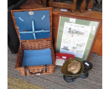 VICTOR ENGLAND SCALES WITH WEIGHTS, DANSETTE RADIO, FRAMED GOLFING PRINT, PICNIC BASKET ETC