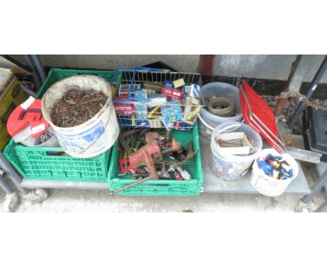 SHELF OF NAILS, SCREWS, DRILL STAND ETC