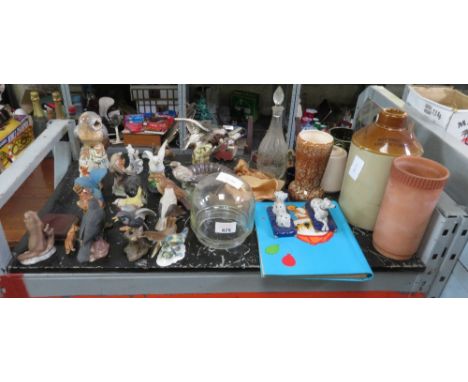 SHELF OF ORNAMENTAL BIRDS, FLAGON ETC