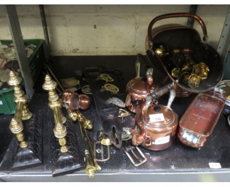 SHELF OF COPPER &amp; BRASSWARE, FIRESIDE ITEMS, HORSE ITEMS ETC