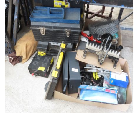 HALF SHELF OF EMPTY TOOL BOXES, ELECTRIC BATTERY POWERED TOOLS ETC