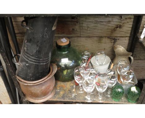 SHELF OF ITEMS TO INCLUDE GREEN CARBOY, COPPER COAL SCUTTLE,  STELLA ARTOIS PINT GLASSES ETC