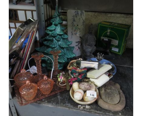 HALF SHELF OF ITEMS TO INCLUDE CERAMIC CHRISTMAS TREE, WEST GERMAN VASE, SHOE IRON ETC