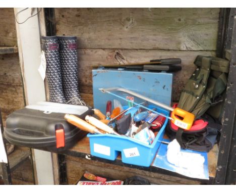 SHELF TO INCLUDE A PAIR OF JOULES WELLINGTONS, HAND TOOLS ETC