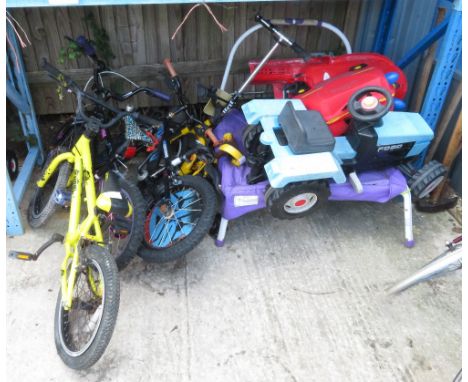 SHELF OF KIDS TOYS INCLUDING BICYCLES, RIDE ON TRACTORS ETC