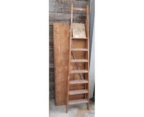 WOODEN STEP LADDER &amp; 2 PINE TRESTLE TABLES
