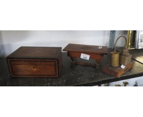 A MUSIC BOX IN THE FORM OF A TABLE, AN INLAID BOX + ANOTHER ITEM