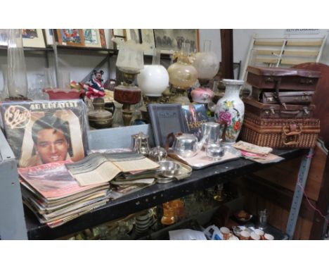 SHELF OF ITEMS TO INCLUDE SUITCASES, SERVING TRAYS, TEAPOTS, MAGAZINES &amp; RECORDS