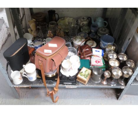 SHELF OF ITEMS TO INCLUDE BINOCULARS, WEDGWOOD CHINA, PLATED GOBLETS ETC