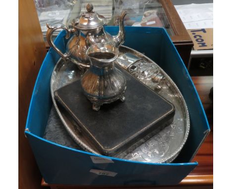 SILVER PLATE OVAL TRAY, TEAPOT, CUTLERY ETC