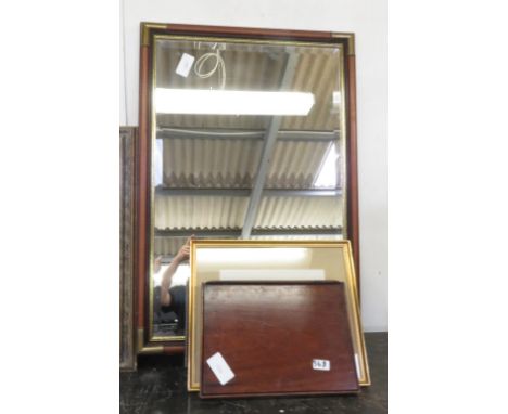 HALF SHELF OF ITEMS TO INCLUDE BRASS BOUND MIRROR, PRINTS, PICTURES &amp; FRAMES ETC