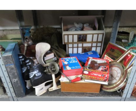 SHELF OF ITEMS TO INCLUDE FIRST AID KIT, CAT IN THE HAT BOOKS, DOLLS HOUSE, MILITARY STYLE BAG ETC